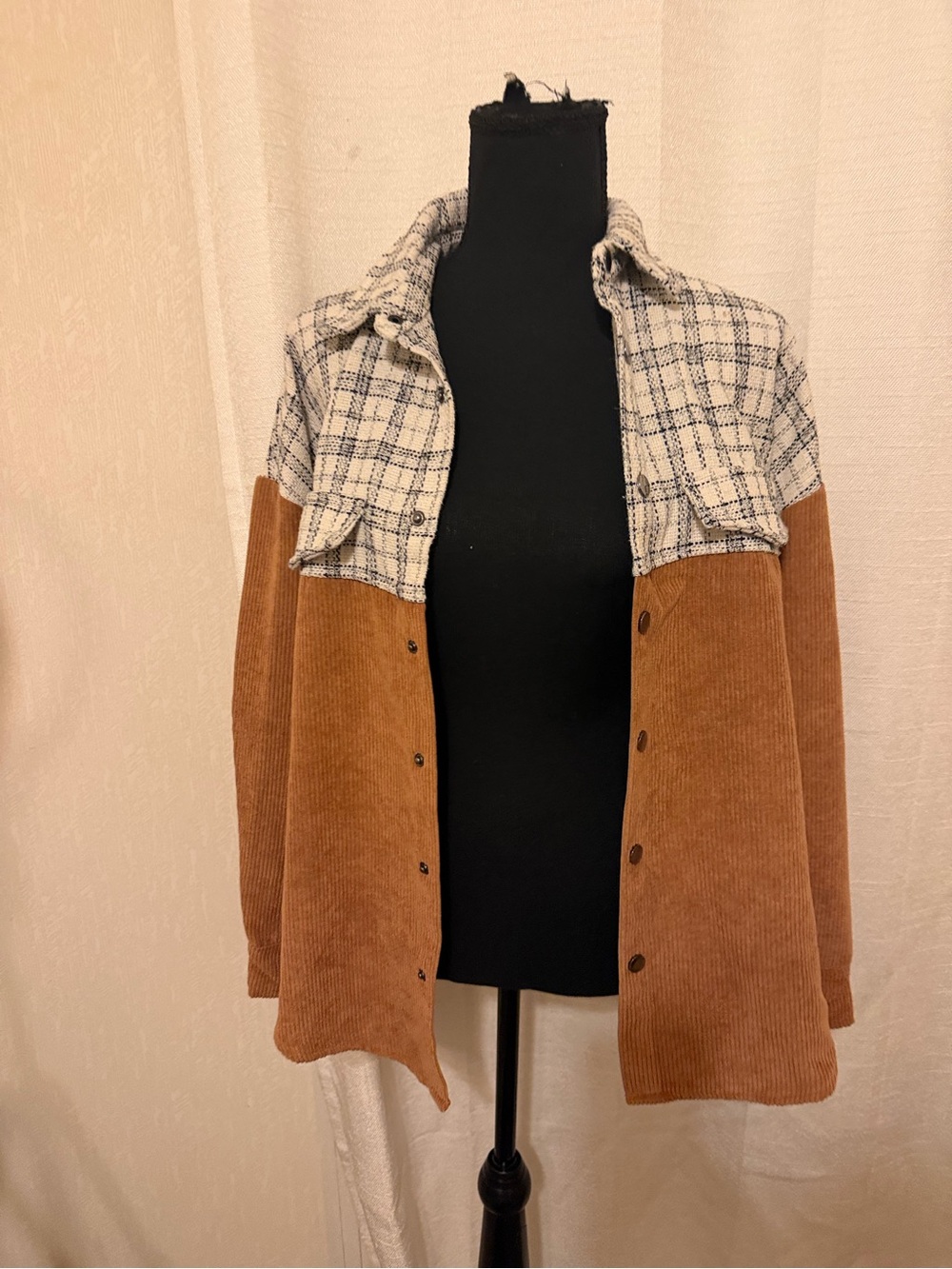 Two-Tone Plaid Yoke Corduroy Utility Jacket in Cream and Brown - Picture 6 of 7